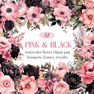 Watercolor floral wreath clipart with pink and dark black flowers, bouquet style border