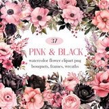 Pink Flower and Black PNG, Watercolor Pink Floral Clipart, Flower Bouquet, Wreath, Digital Download