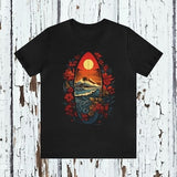 Surfboard Tshirt with flowers, Sunset, Waves,  Black, Express Delivery, S, M, L, XL, 2XL, 3XL, Bella+Canvas 3001