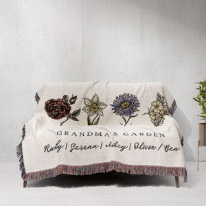Personalized grandma's garden blanket with embroidered flowers and name text, fringed edge