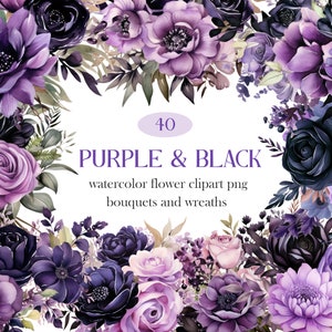 Circular floral wreath clipart with purple and black watercolor flowers and 'PURPLE & BLACK' text