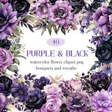 Purple and Black Flower PNG, Watercolor Purple Floral Clipart, Purple Flower Bouquet, Wreath PNG, Digital Download