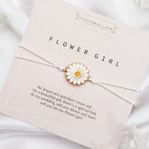 Flower girl proposal bracelet with daisy charm on white cord