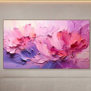 Textured 3D floral wall art on canvas, pink and purple abstract flower design