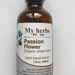 Organic passion flower liquid herbal extract bottle with label and amber glass