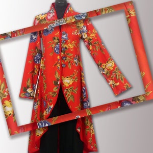 Red cotton canvas coat with large floral patterns and buttoned front