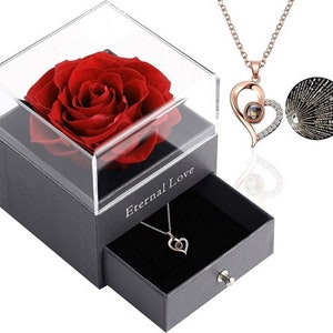 Preserved rose gift set with red rose in clear box and heart pendant necklace