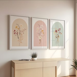 Set of 3 framed watercolor wildflower art prints with pastel blossoms