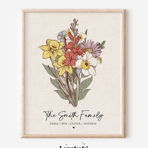 Framed floral bouquet wall art print with cursive family name text