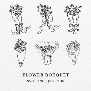 Hand-drawn flower bouquet illustration set with multiple black line-art bouquets