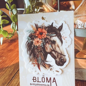 Waterproof horse floral vinyl sticker, brown/black horse head with orange flowers, BLOMA