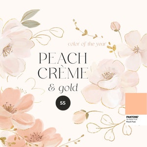 Watercolor floral clipart with blush peach flowers, cream blooms, and gold accents, set of 55