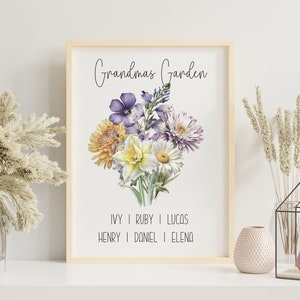 Framed watercolor flower wall art with “Grandma’s Garden” and multiple birth names
