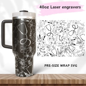 SVG wrap template with black floral line art for 40oz tumblers