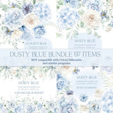 Pale blue flowers watercolor clipart bundle dusty blue floral clipart floral border light blue hydrangea wedding clip art digital border png