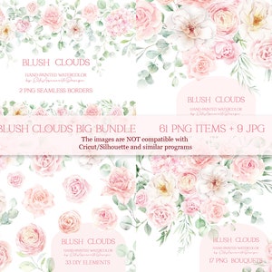 Watercolor floral border graphics sheet with blush pink roses, soft greenery accents