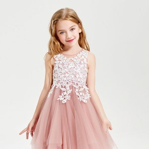 Toddler flower girl tulle dress, sleeveless pink with floral lace bodice and skirt