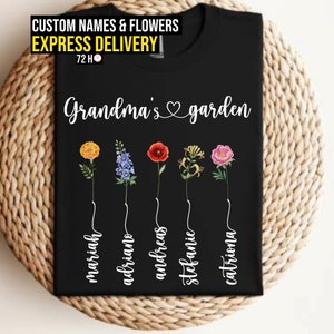 Black T-shirt with Grandma's Garden text and five flower stem illustrations