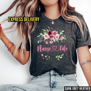 Dark grey heather nurse-life T-shirt with colorful floral bouquet graphic
