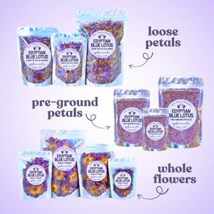 Organic blue lotus flower petals in resealable pouches, loose and whole