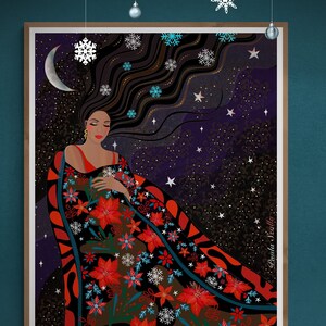 Winter art print with illustrated woman in red dress, starry night, snowflakes and moon