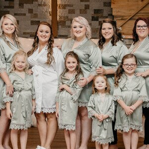 Satin flower girl robe set, sage green with lace trim and matching tie belt