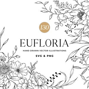 Floral Line Art, Botanical Line Art SVG, Clipart, Wedding Flowers, Hand Drawn Vector Flowers and Plants, Commercial Use