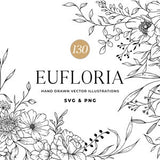 Floral Line Art, Botanical Line Art SVG, Clipart, Wedding Flowers, Hand Drawn Vector Flowers and Plants, Commercial Use