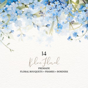 Watercolor blue wildflower floral border with delicate forget-me-not blossoms