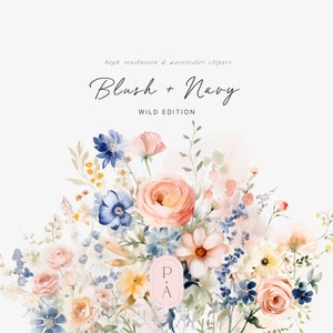 Watercolor floral bouquet clipart with blush, peach, and navy flowers on a white background