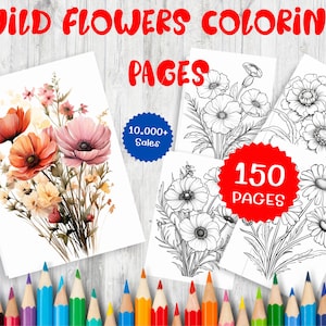 Grayscale wildflower coloring pages set, 150 printable pages, red 150 badge