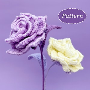 Crochet rose bouquet pattern with two crocheted flowers in purple and pale yellow