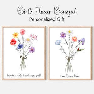 Framed birth flower bouquet art prints with floral stems and small script text, pair
