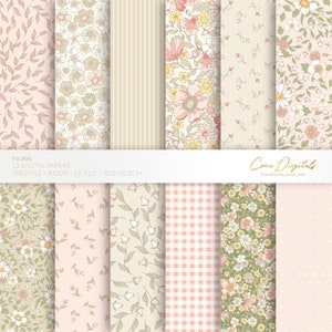 Beige and peach ditsy floral seamless digital paper pack, multiple pattern sheets