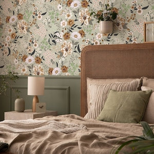 Neutral wallpaper with small floral blooms in beige, cream, and muted green