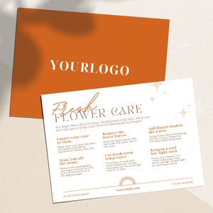 Printable flower care instructions card template, white card with orange cover, editable layout