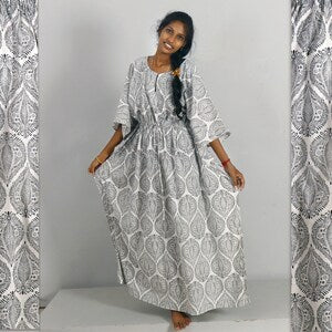 Large kaftan dress, free-size, long cotton nightwear with allover light gray leaf print