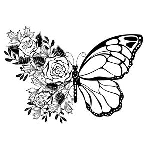 Black and white line art butterfly with floral bouquet, decorative SVG illustration