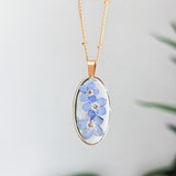 Forget Me Not Necklace, satellite fine chain - Gold Plated stainless steel - oval pendant - floral jewelry - Real Forget-me-not Flowers