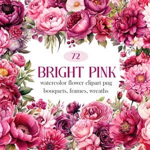 Watercolor pink flower frame with bright pink blooms and BRIGHT PINK, 72
