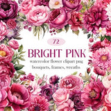 Bright Pink Flower PNG, Watercolor Pink Floral Clipart, Fuchsia Pink Flower Bouquet Wreath, Digital Download
