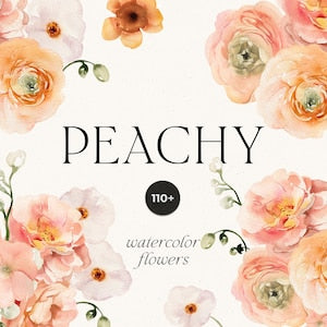 Watercolor floral clipart frame with peach and apricot flowers and 'PEACHY' text