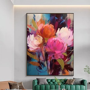Framed colorful abstract floral oil painting on canvas with textured blooms
