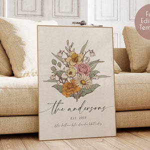Printable birth flower bouquet template card with floral bouquet and name text