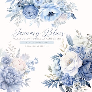 Watercolor dusty blue floral clipart with roses, peonies, and leaves arrangement