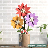 3D Daisy Laser Cut Flower Pot Gift for Valentine, MotherÕs Day Wooden Plant Gift for Her Digital Download |#354|
