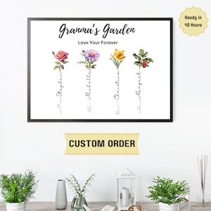 Framed floral birth-month garden sign with cursive text and five illustrated blossoms