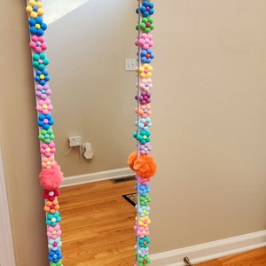 Handmade clay flower door mirror with colorful flower and pom-pom border