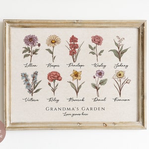 Framed floral birth-month chart with labeled flowers and “GRANDMA'S GARDEN” text