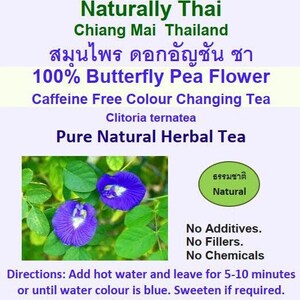 Natural butterfly pea flower herbal tea box with blue flowers, caffeine-free infusion